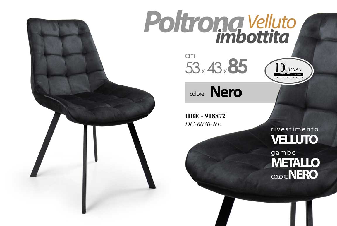 8025569918872 SEDIA TESSUTO VELLUTO NERO IMBOTTITA GAMBE METALLO PRANZO SALONE CUCINA UFFICIO - immagine 1