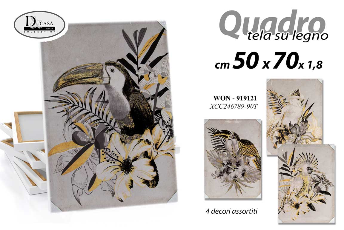 8025569919121 QUADRO STAMPA SU TELA Canvas LEGNO UCCELLI NERO BIANCO ORO COLOR ASSORT 50*70cm - immagine 1