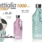 BOTTIGLIA IN VETRO COLORATA CON MANICO TAPPO ACCIAIO ACQUA BEVANDE 1 LITRO 25 CM