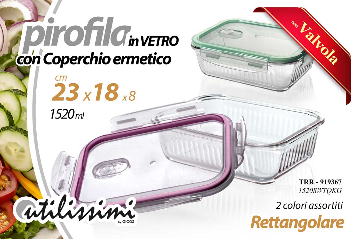 8025569919367 Pirofila valvola forno frigo vetro coperchio ermetico rettangolare 23*18*8 cm - immagine 1
