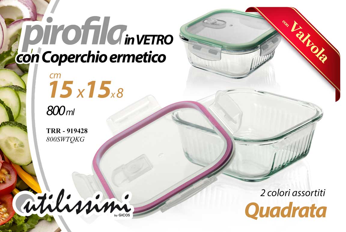 8025569919428 Pirofila valvola forno frigo vetro coperchio ermetico porta pranzo quadrata 15*8 - immagine 1