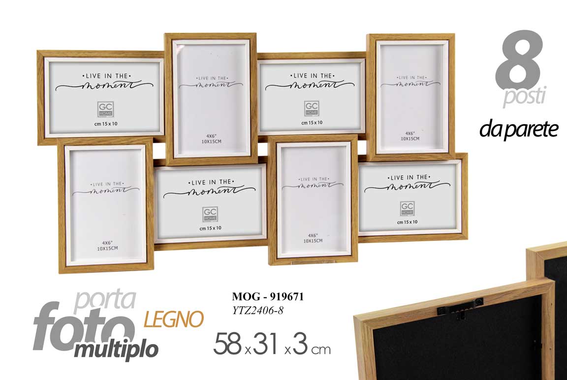 8025569919671 PORTAFOTO MULTIPLO DA PARETE CORNICE FOTO 8 POSTI 10*15 LEGNO MARRONE 58*31 cm - immagine 1