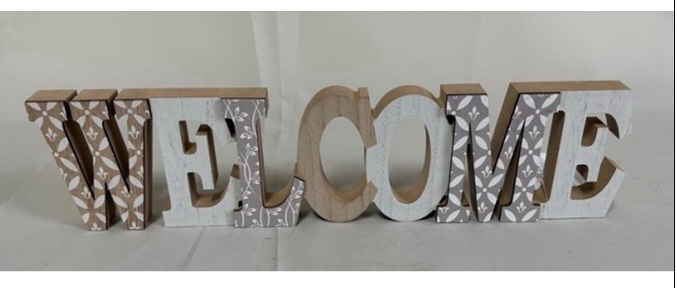 8025569919824 DECORAZIONE DA TAVOLO PARETE SCRITTA LEGNO FRASE WELCOME BENVENUTI 40*9,5*2 CM - immagine 1