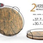 Set 2 vassoi tondo moderno caffè the te bibite foglie metallo nero legno 37-30cm