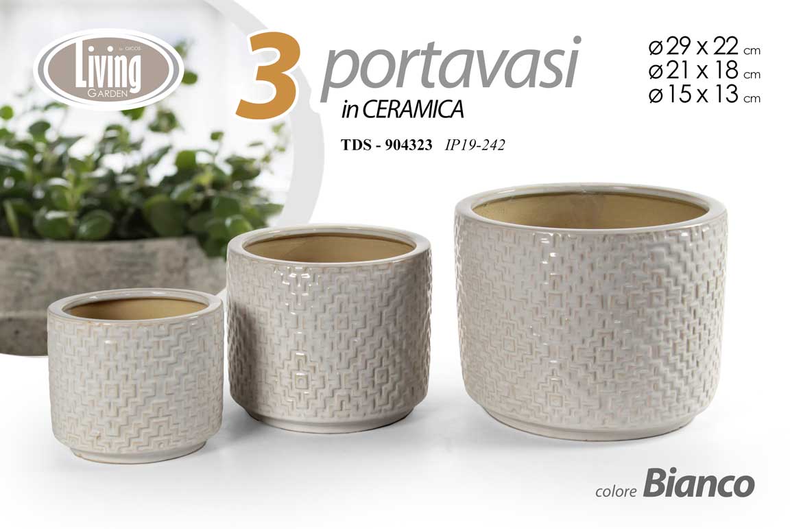 8025569924323 3 VASI CACHEPOT CERAMICA MODERNO BIANCO VINTAGE VASO LUCIDO ANTICATO 29/21/15 cm - immagine 1
