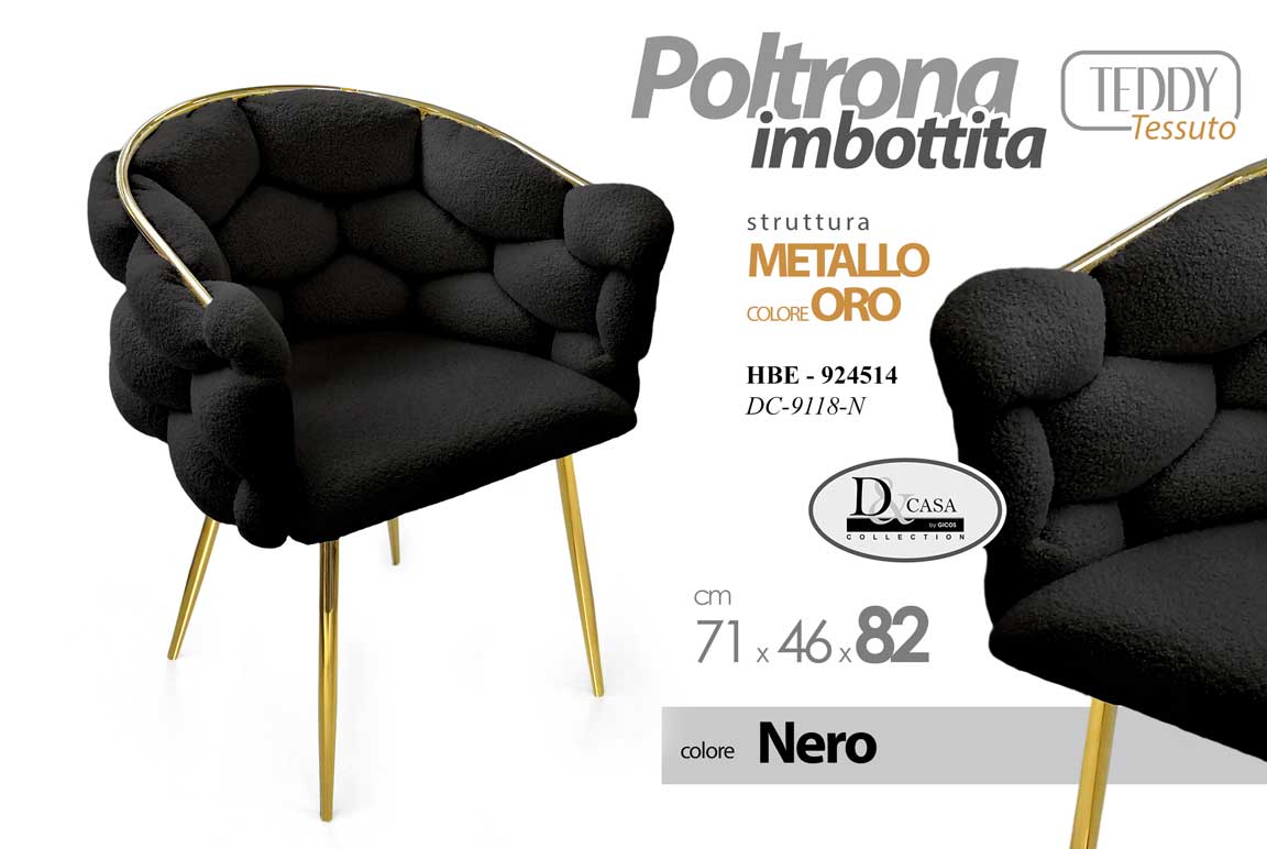 8025569924514 POLTRONA NERA SEDIA TEDDY IMBOT COMODA GAMBE ORO MODERNO CLASSICA 82*71*46 cm - immagine 1