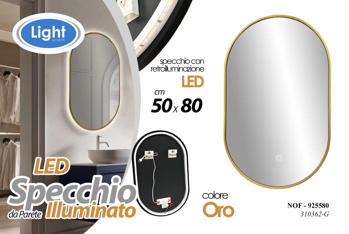 8025569925580 SPECCHIO DA PARETE LED RETROILLUMINAZIONE CASA UFFICIO BAGNO OVALE ORO 50*80 CM - immagine 1