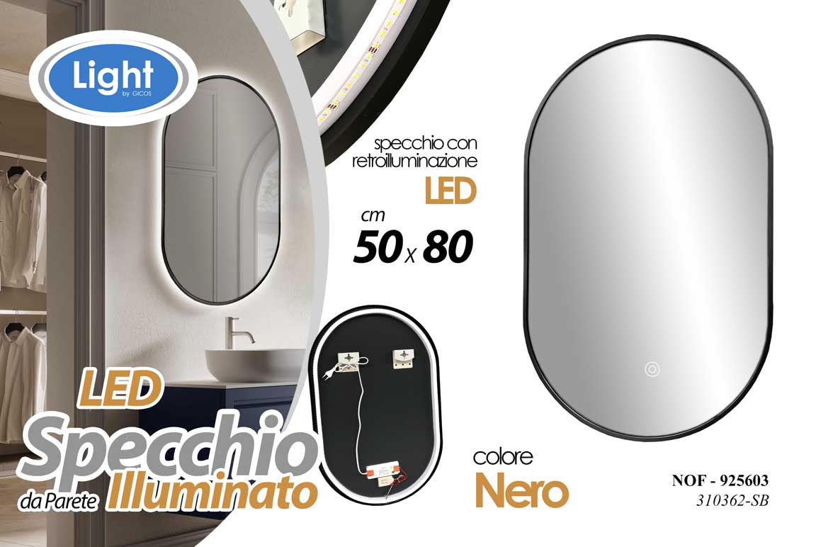 8025569925603 SPECCHIO DA PARETE LED RETROILLUMINAZIONE CASA UFFICIO BAGNO OVALE NERO 50*80 CM - immagine 1