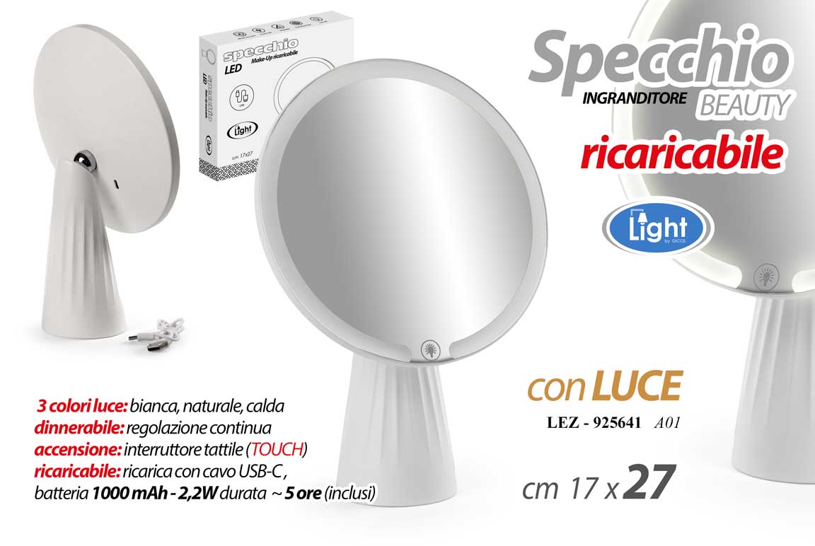 8025569925641 SPECCHIO INGRANDITORE DA TAVOLO LED TRUCCO BEAUTY RICARICABILE TOUCH 27 cm - immagine 1