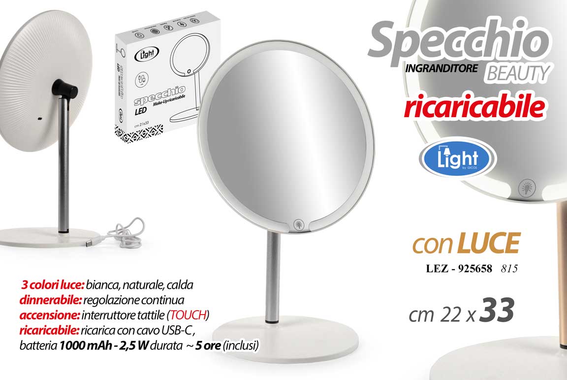 8025569925658 SPECCHIO INGRANDITORE DA TAVOLO LED TRUCCO BEAUTY RICARICABILE TOUCH 33 cm - immagine 1
