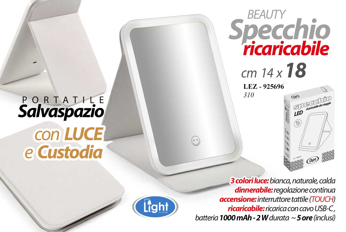 8025569925696 SPECCHIO LED PORTATILE TRUCCO BEAUTY BORSA CUSTODIA RICARICABILE TOUCH 18*14 cm - immagine 1