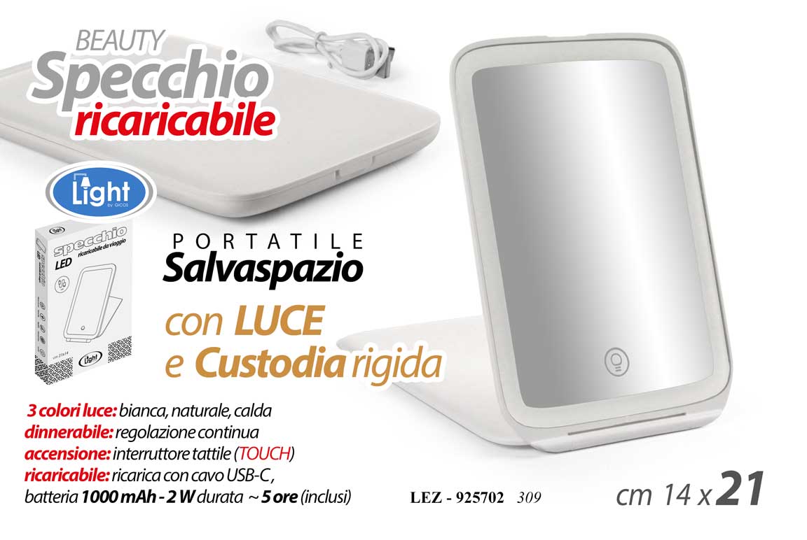 8025569925702 SPECCHIO LED PORTATILE TRUCCO BEAUTY BORSA CUSTODIA RICARICABILE TOUCH 21*14 cm - immagine 1