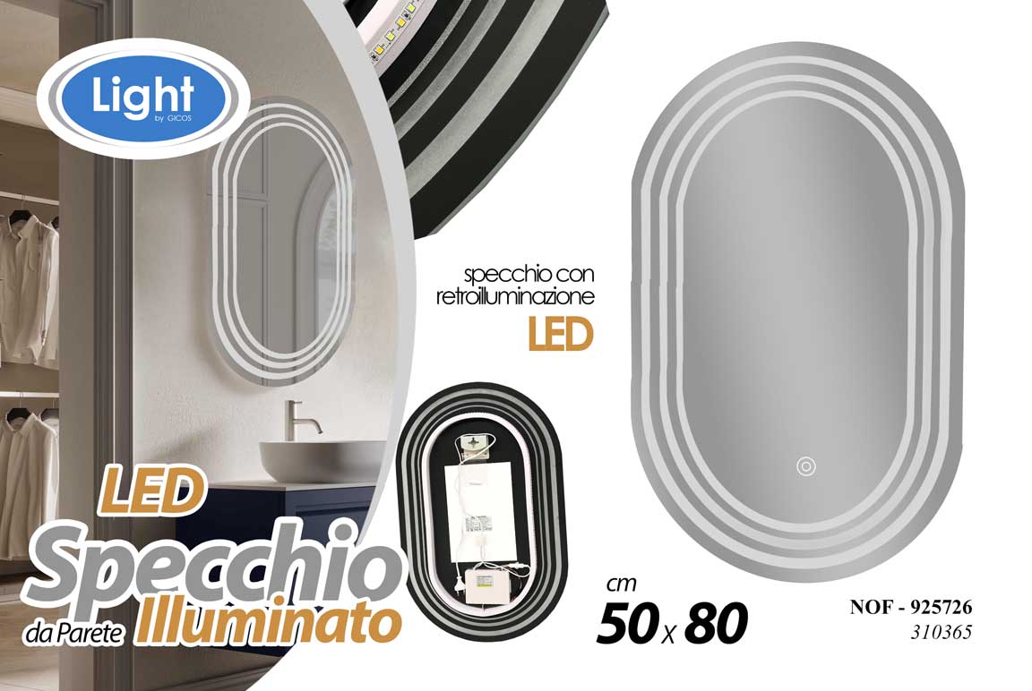 8025569925726 SPECCHIO DA PARETE LED RETROILLUMINAZIONE CASA UFFICIO BAGNO OVALE MODERNO 50*80 - immagine 1