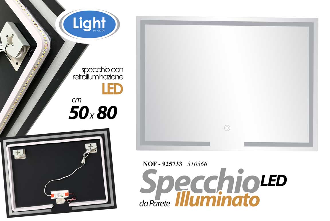 8025569925733 SPECCHIO DA PARETE LED RETROILLUMINAZIONE RETTANGOLARE CASA UFFICIO BAGNO 50*80 - immagine 1