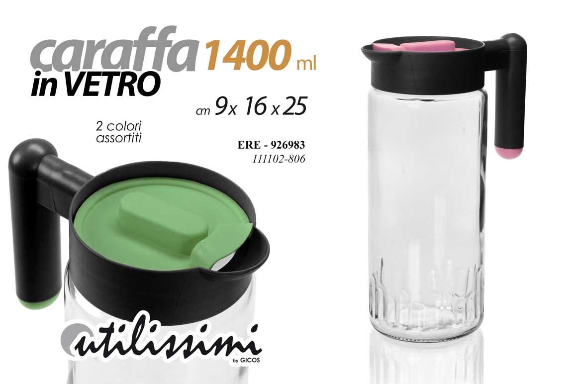 8025569926983 CARAFFA VETRO TRASPARENTE MANICO COPERCHIO DOSATORE CASA ASS 25 CM 1400 ML - immagine 1