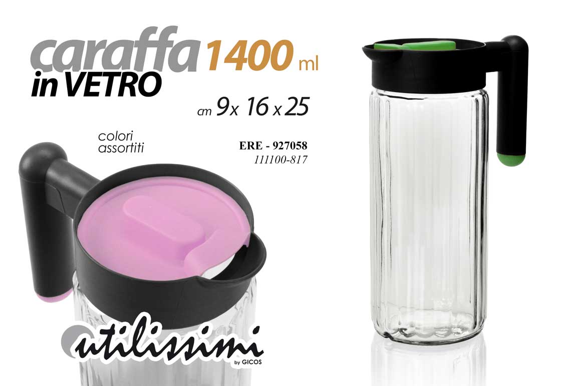 8025569927058 CARAFFA VETRO TRASPARENTE MANICO COPERCHIO DOSATORE CASA ASS 25X16X9CM 1400ML - immagine 1