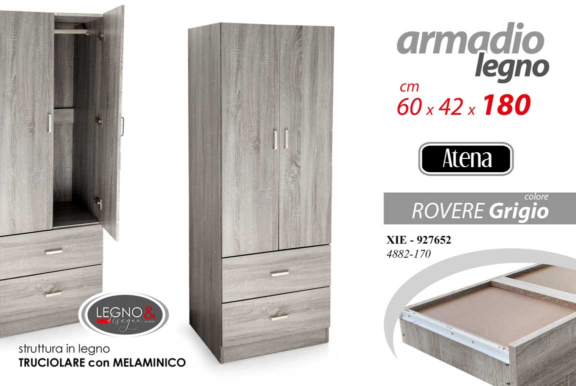 8025569927652 ARMADIO GUARDAROBA MODERNO VESTITI 2 ANTE 2 CASSETTI GRIGIO ROVERE 180*60*42 cm - immagine 1