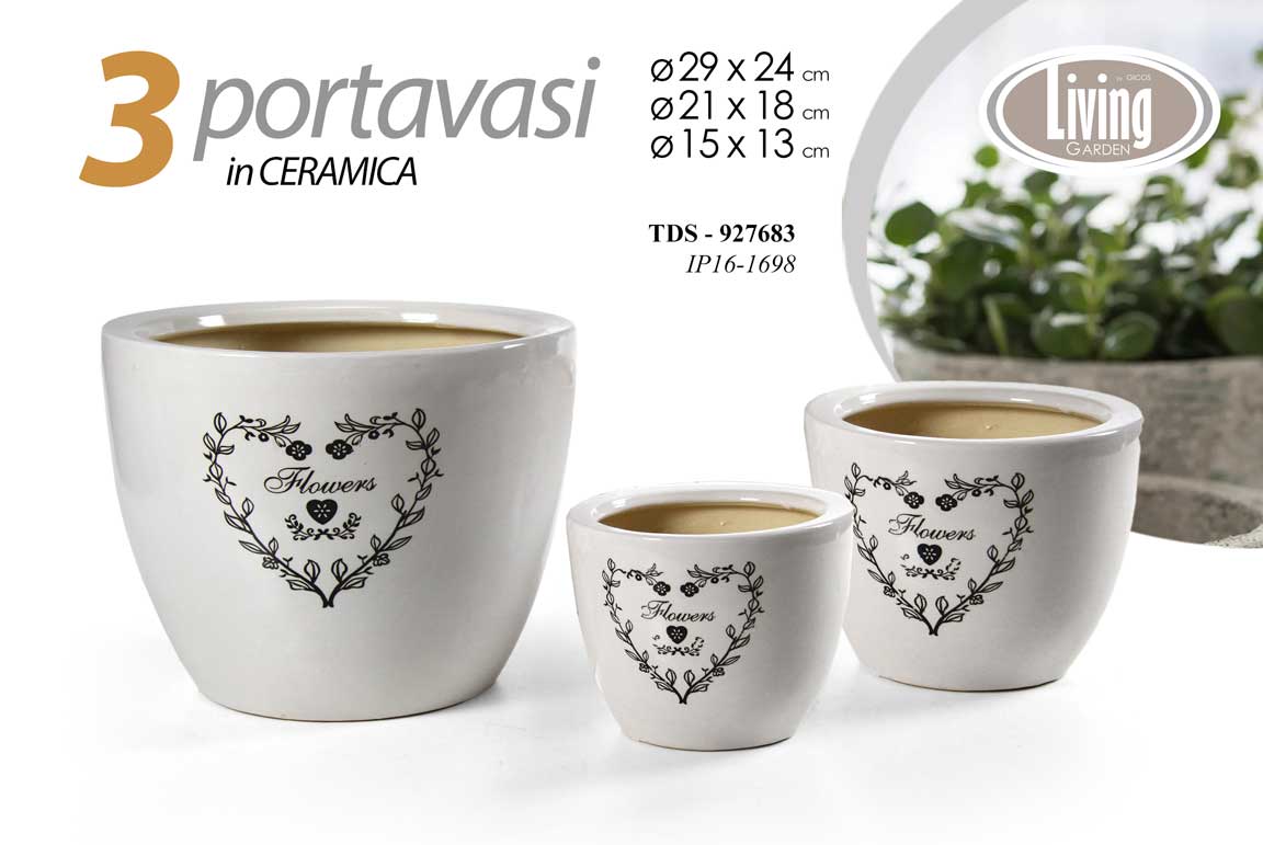 8025569927683 3 VASI CACHEPOT CUORE CERAMICA MODERNO CLASSICO VINTAGE VASO LUCIDO 29/21/15cm - immagine 1