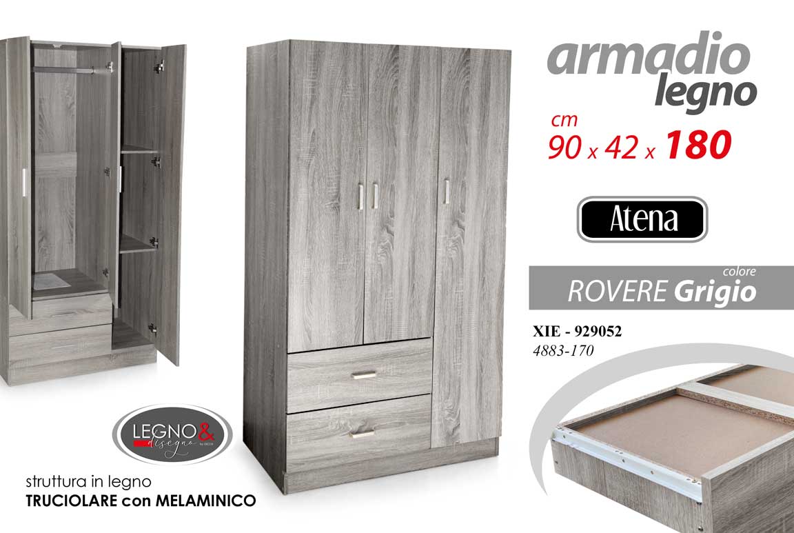 8025569929052 Armadio Guardaroba moderno 3 Ante battenti Appendiabiti CASSETTI OLMO 180*90*42 - immagine 1