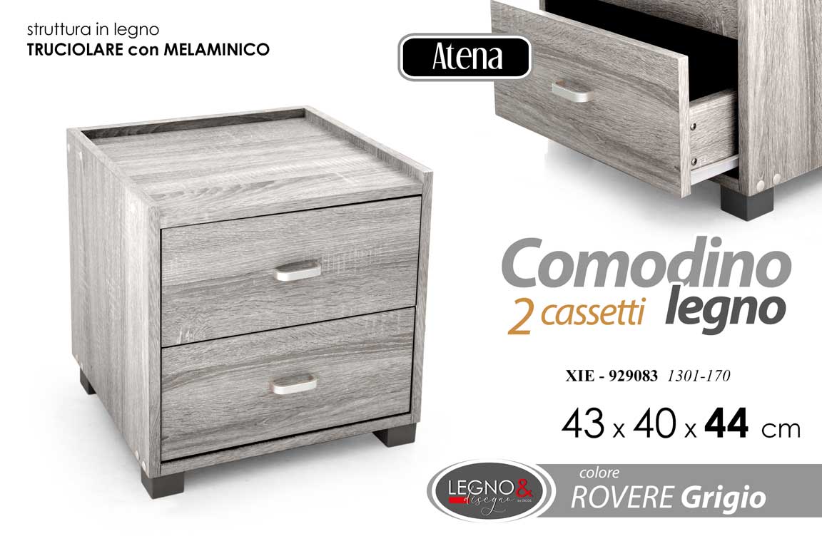 8025569929083 COMODINO MODERNO 2 CASSETTI CAMERA DA LETTO LEGNO ROBUSTO ROVERE GRIGIO 44*43*40 - immagine 1