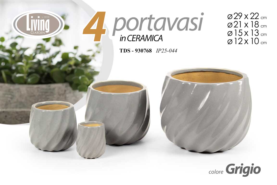 8025569930768 SET 4 PORTAVASI VASO CACHEPOT CERAMICA GRIGIO MODERNO DESIGN SPIR CASA GIARDINO - immagine 1
