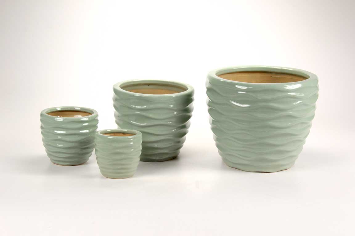 8025569930799 SET 4 PORTAVASI VASO CACHEPOT CERAMICA MODERNO VERDE DESIGN ONDA CASA GIARDINO - immagine 1