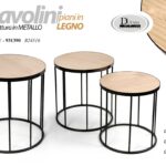 SET 3 TAVOLINI METALLO NERO TAVOLI ROTONDI TONDI PIANO LEGNO BIANCO 52/48/43 cm