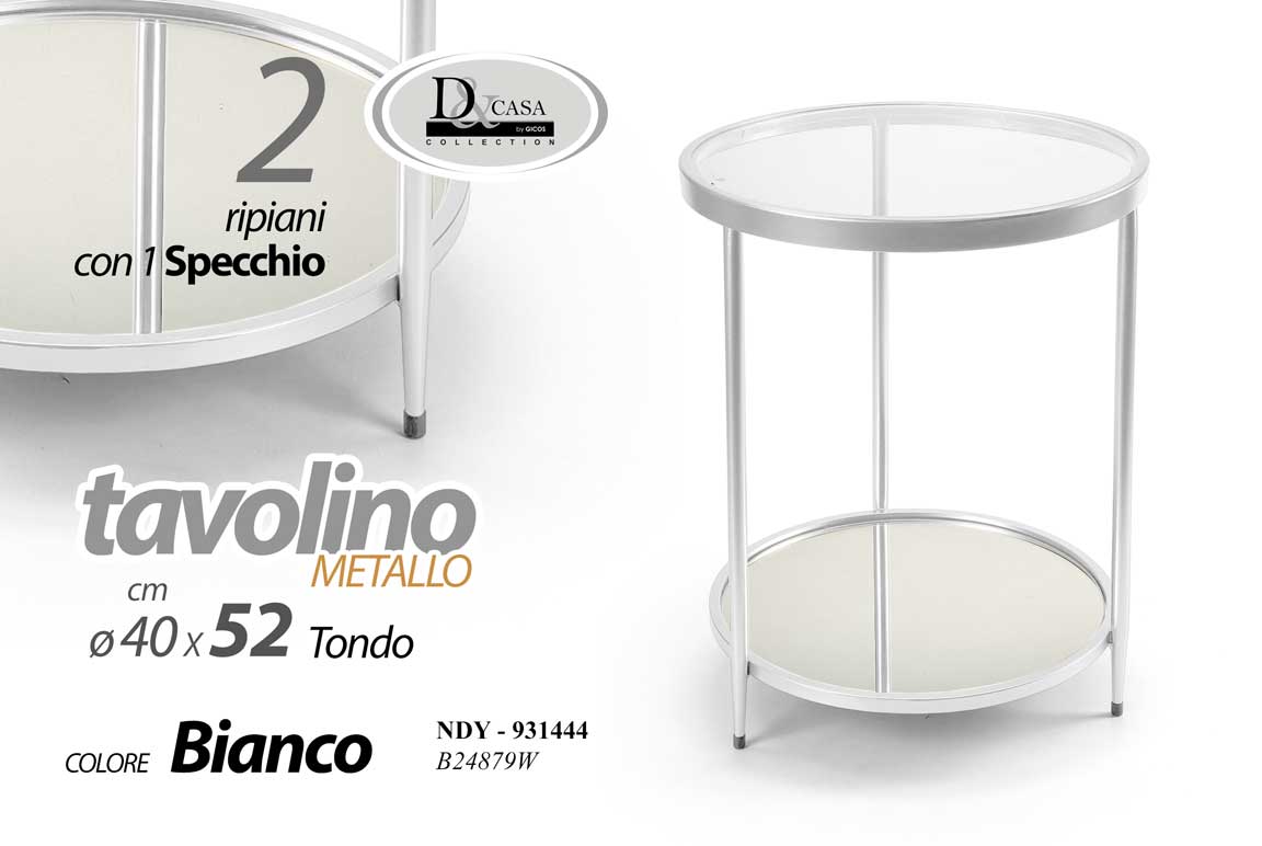 8025569931444 TAVOLINO METALLO BIANCO 2 RIPIANI VETRO TAVOLO TAVOLINO ROTONDO TONDO 52*40 CM - immagine 1