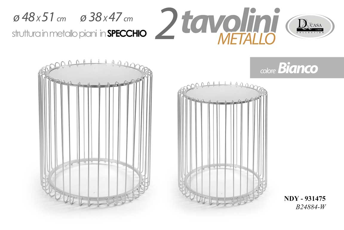8025569931475 2 TAVOLINI METALLO BIANCO TOP PIANO VETRO TAVOLO TAVOLINO ROTONDO TONDO 51/47 CM - immagine 1