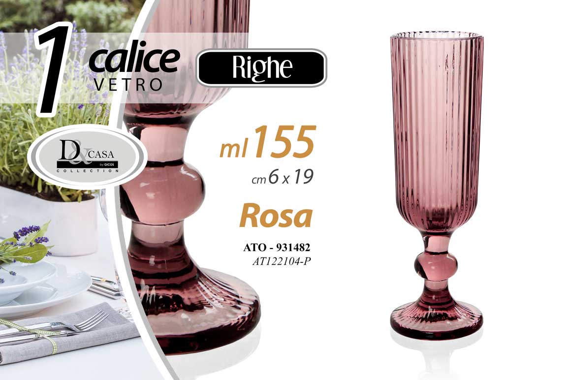 8025569931482 CALICE BICCHIERE VETRO ROSA RIGHE FLUTE SPUMANTE PROSECCO TAVOLA 19 CM 155ML - immagine 1