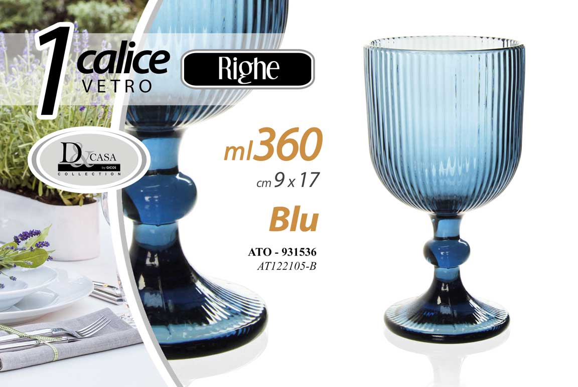 8025569931536 CALICE BICCHIERE VETRO BLU RIGHE VINO ACQUA BEVANDE TAVOLA CASA PARTY 17CM 360ML - immagine 1