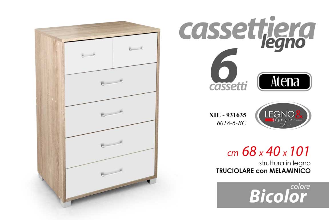 8025569931635 CASSETTIERA LEGNO 6 CASSETTI MODERNA ROBUST SETTIMINO BIANCO ROVERE H101*L68*P40 - immagine 1