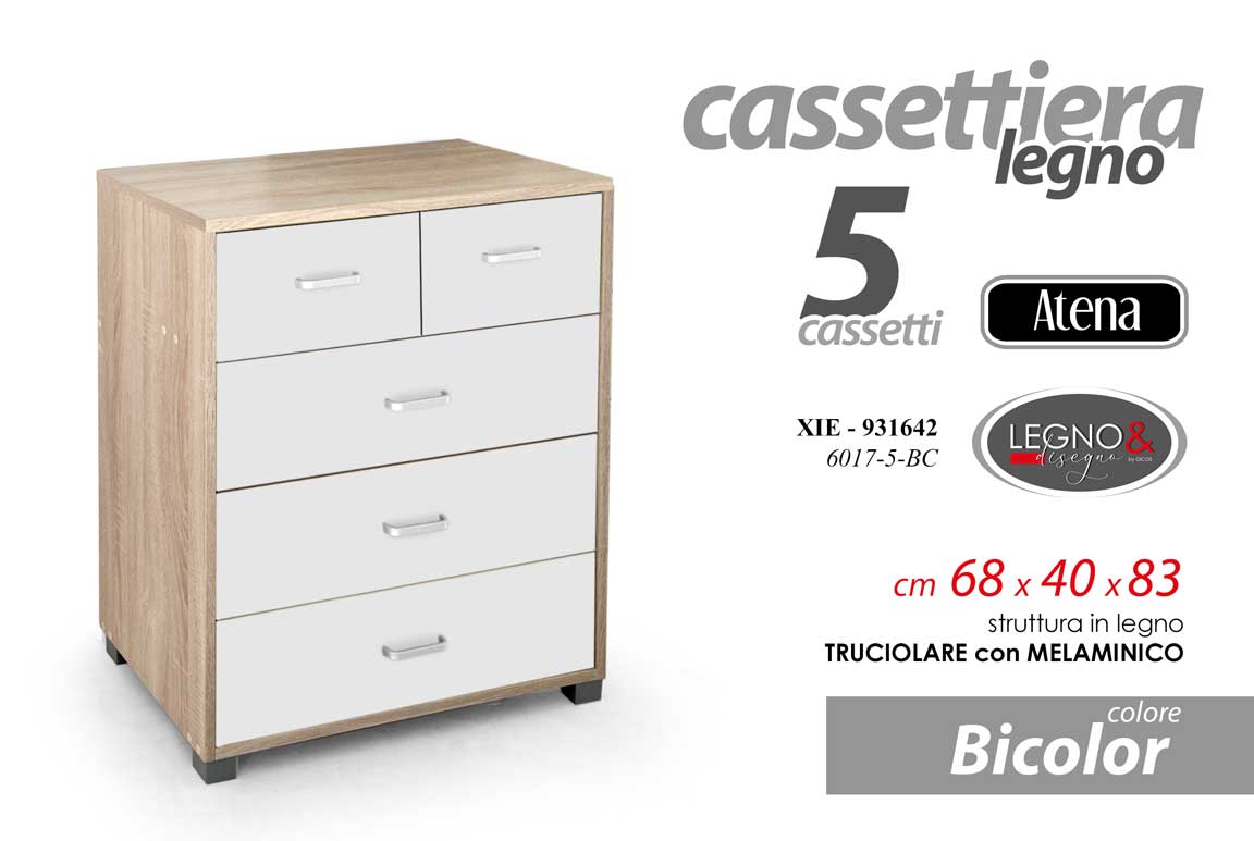 8025569931642 CASSETTIERA LEGNO 5 CASSETTI MODERNA ROBUST SETTIMINO BIANCO ROVERE H83*L68*P40 - immagine 1