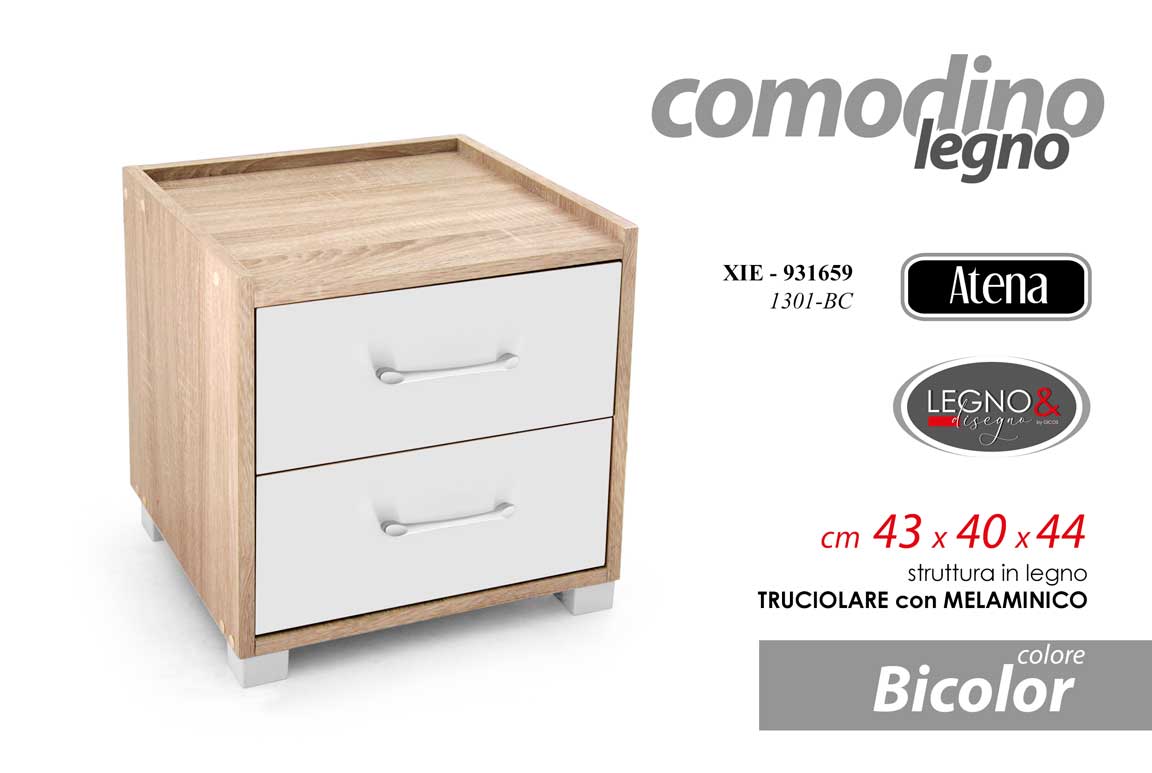 8025569931659 COMODINO 2 CASSETTI MODERNO LEGNO ROBUSTO SALVASPAZIO BIANCO ROVERE H44*L43*P40 - immagine 1