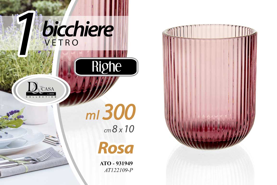 8025569931949 BICCHIERE IN VETRO ROSA RIGHE ACQUA BEVANDE TAVOLA CASA PARTY 10X8CM 300ML - immagine 1