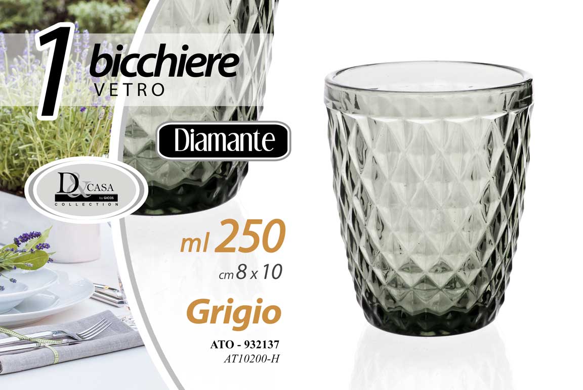 8025569932137 BICCHIERE IN VETRO GRIGIO DIAMANTE ACQUA BEVANDE TAVOLA CASA 10X8X8CM 250ML - immagine 1