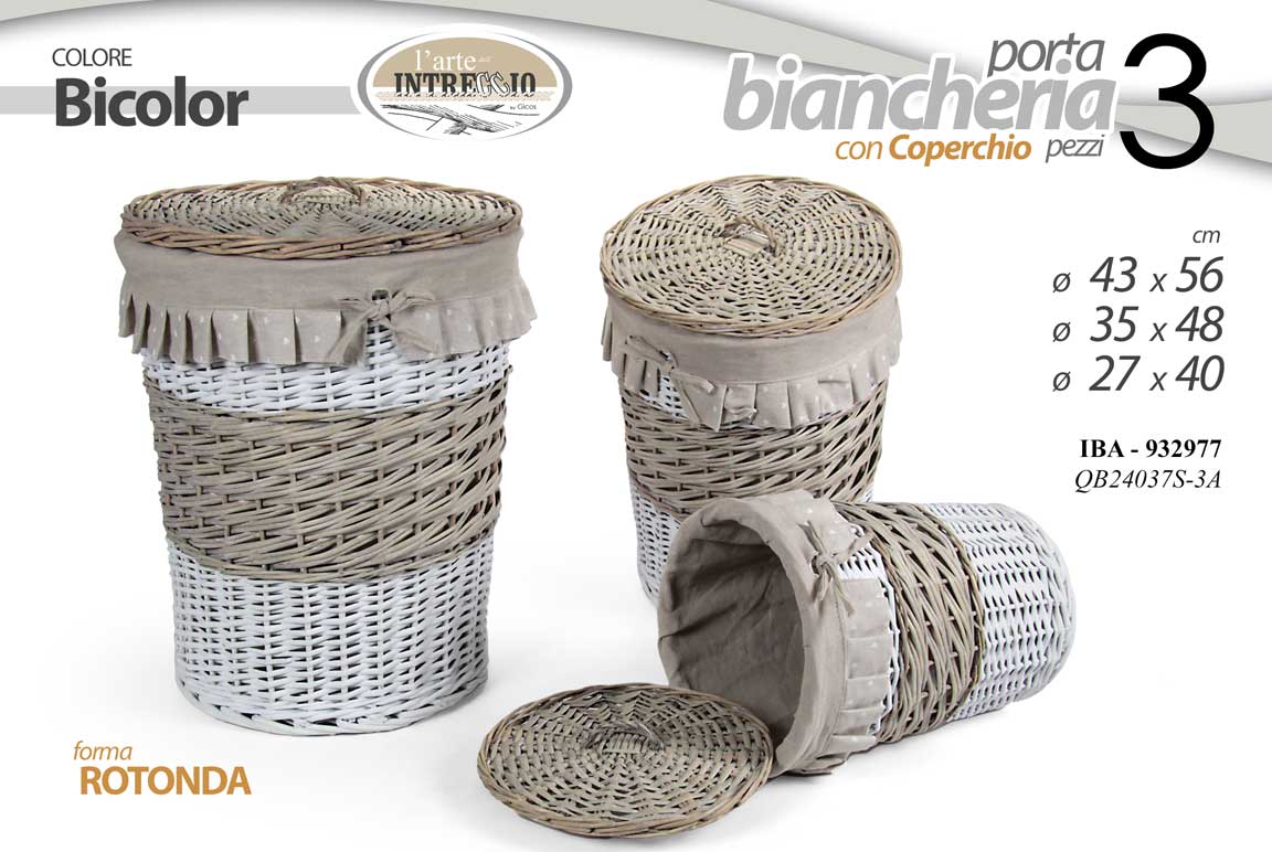 8025569932977 3 CESTE PORTABIANCHERIA CESTA VESTITI COPERCHIO RATTAN VIMINI PV TONDE 56/48/40 - immagine 1