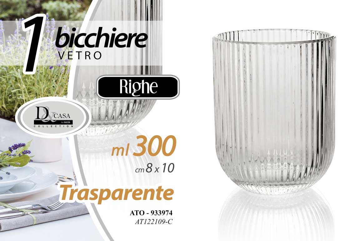 8025569933974 BICCHIERE IN VETRO RIGHE TRASPARENTE ACQUA BEVANDE TAVOLA CASA 10X8CM 300ML - immagine 1