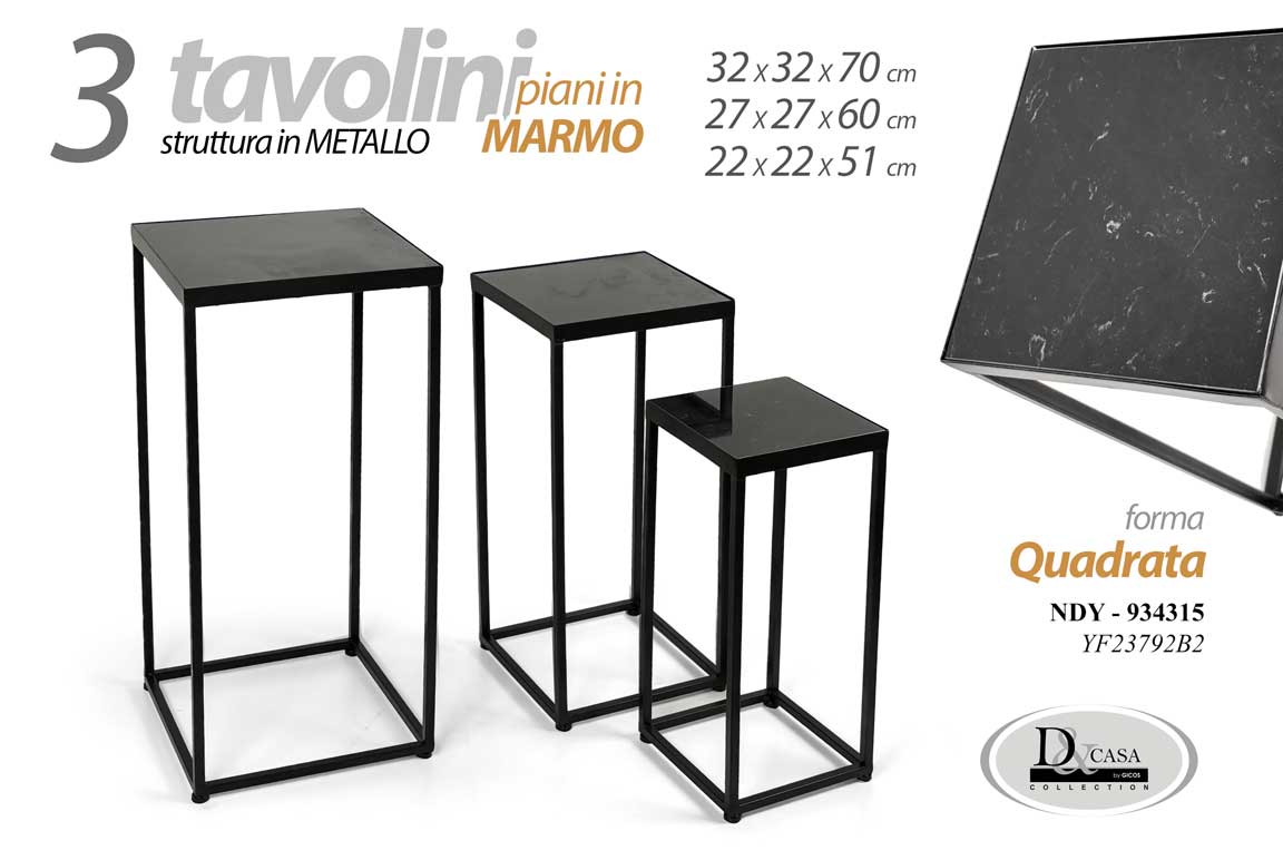8025569934315 SET 3 TAVOLINI COLONNE IN METALLO NERO TAVOLO QUADRATO PORTA PIANTE 70/60/50CM - immagine 1