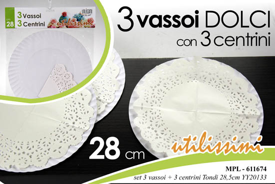 8025569611674 Set 3 vassoi torta dolci + 3 centrini Sottotorta carta tondi pasticceria 28,5 cm - immagine 1