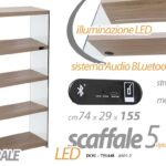 SCAFFALE LIBRERIA VETRO 5 RIPIANI LEGNO NATU MDF LED E Audio Bluetooth 155*74*29