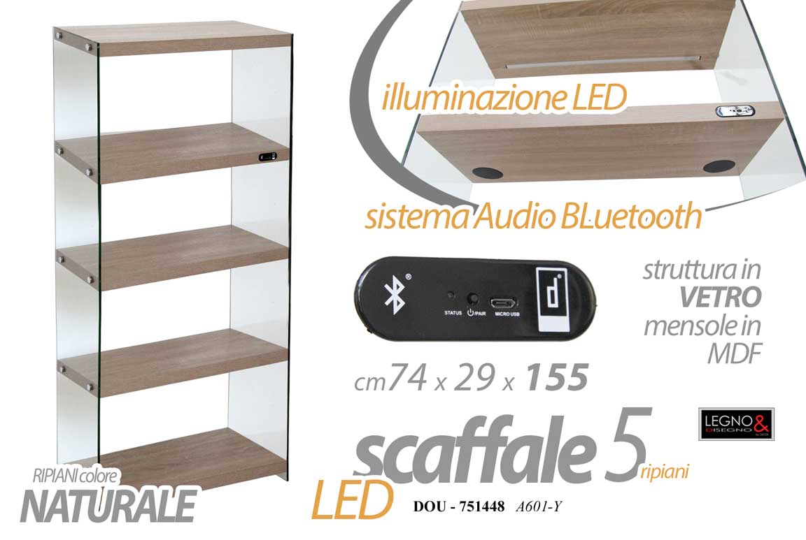 8025569751448 SCAFFALE LIBRERIA VETRO 5 RIPIANI LEGNO NATU MDF LED E Audio Bluetooth 155*74*29 - immagine 1