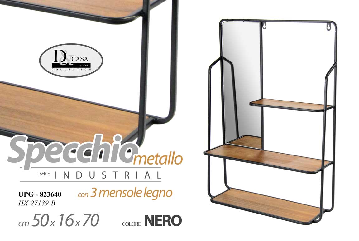 8025569823640 Specchio Specchiera parete Mensola moderno Pensile metallo nero legno 70x50x16 - immagine 1