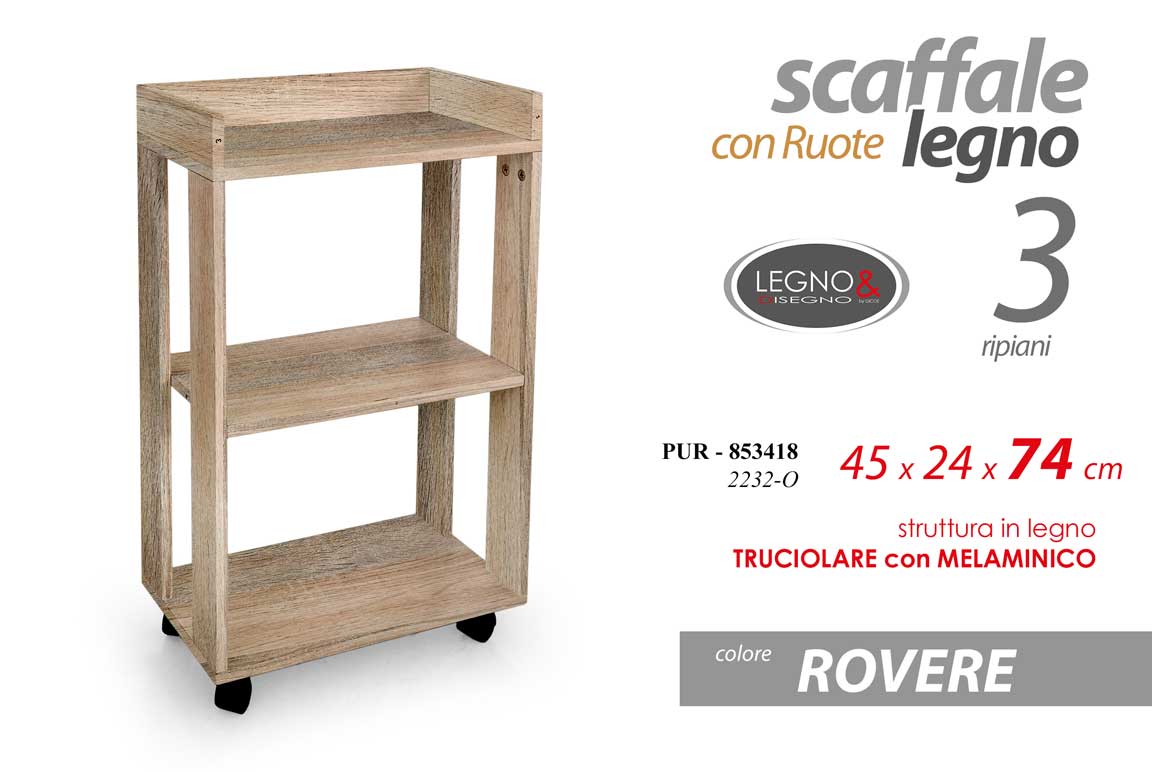 8025569853418 SCAFFALE MOBILETTO CON RUOTE CARRELLO CUCINA SALOTTO BAGNO ROVERE 45*24*H74cm - immagine 1