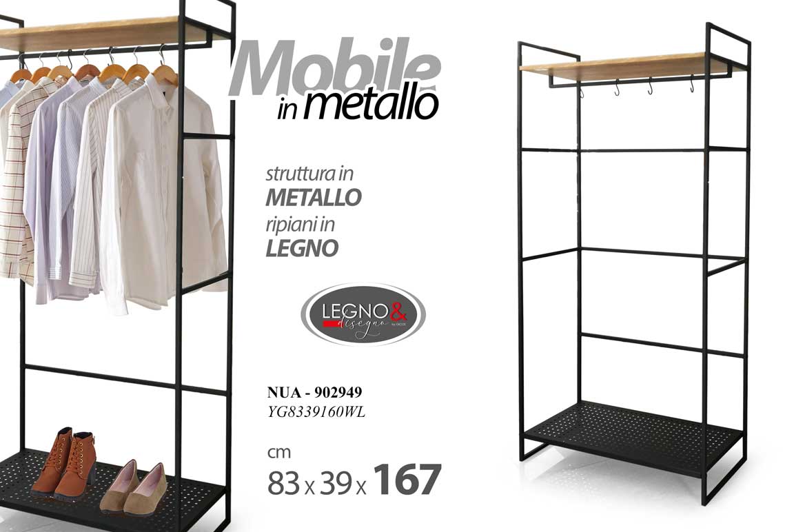 8025569902949 Stand appendiabiti metallo nero ripiani legno Guardaroba scaffale 167x83x39 cm - immagine 1