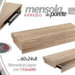 Mensola parete con cassetto comodino sospeso design moderno rovere legno 60x24x8