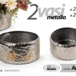 Set 2 vasi bassi piante fiori metallo argento martellato tondo moderno 25-20 cm
