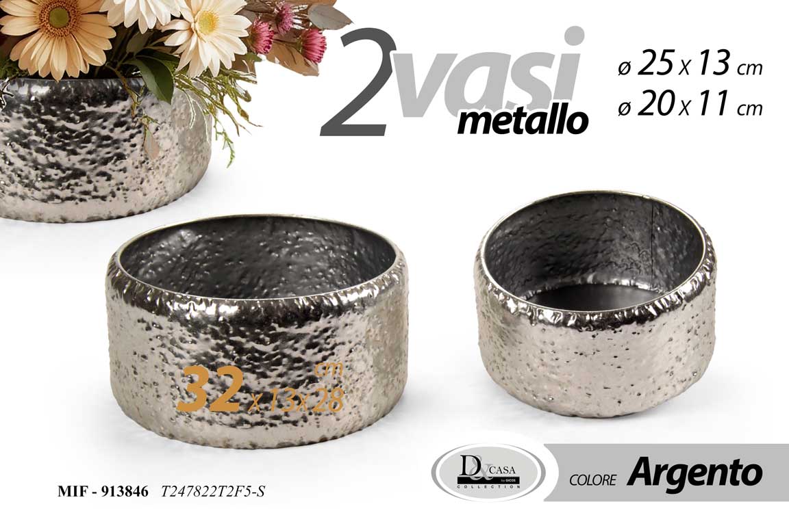 8025569913846 Set 2 vasi bassi piante fiori metallo argento martellato tondo moderno 25-20 cm - immagine 1