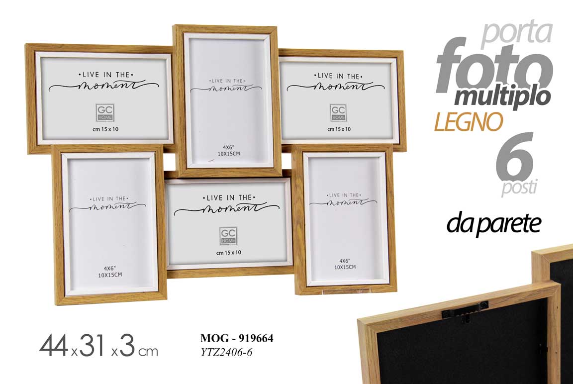 8025569919664 PORTAFOTO MULTIPLO DA PARETE CORNICE FOTO 6 POSTI 10*15 LEGNO MARRONE 44*31 cm - immagine 1