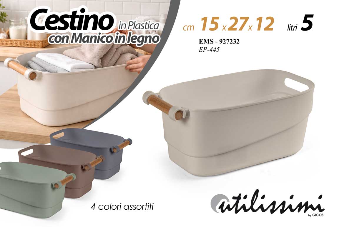 8025569927232 Cestino cesto cesta biancheria panni bagno manico legno plastica ass 15*27*12 cm - immagine 1
